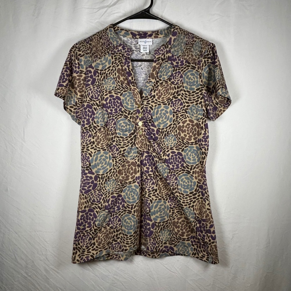 Jaclyn Smith Blouse Womens Medium Tan Purple‎ Floral Smocked Short Sleeve